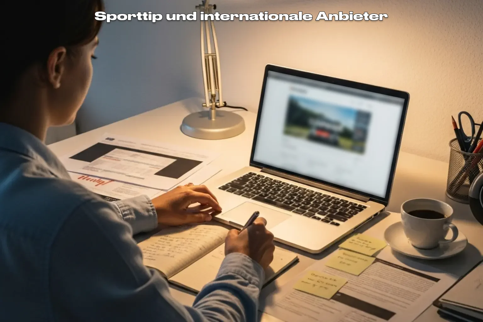 Person am Schreibtisch vergleicht verschiedene Dokumente und Unterlagen auf dem Laptop