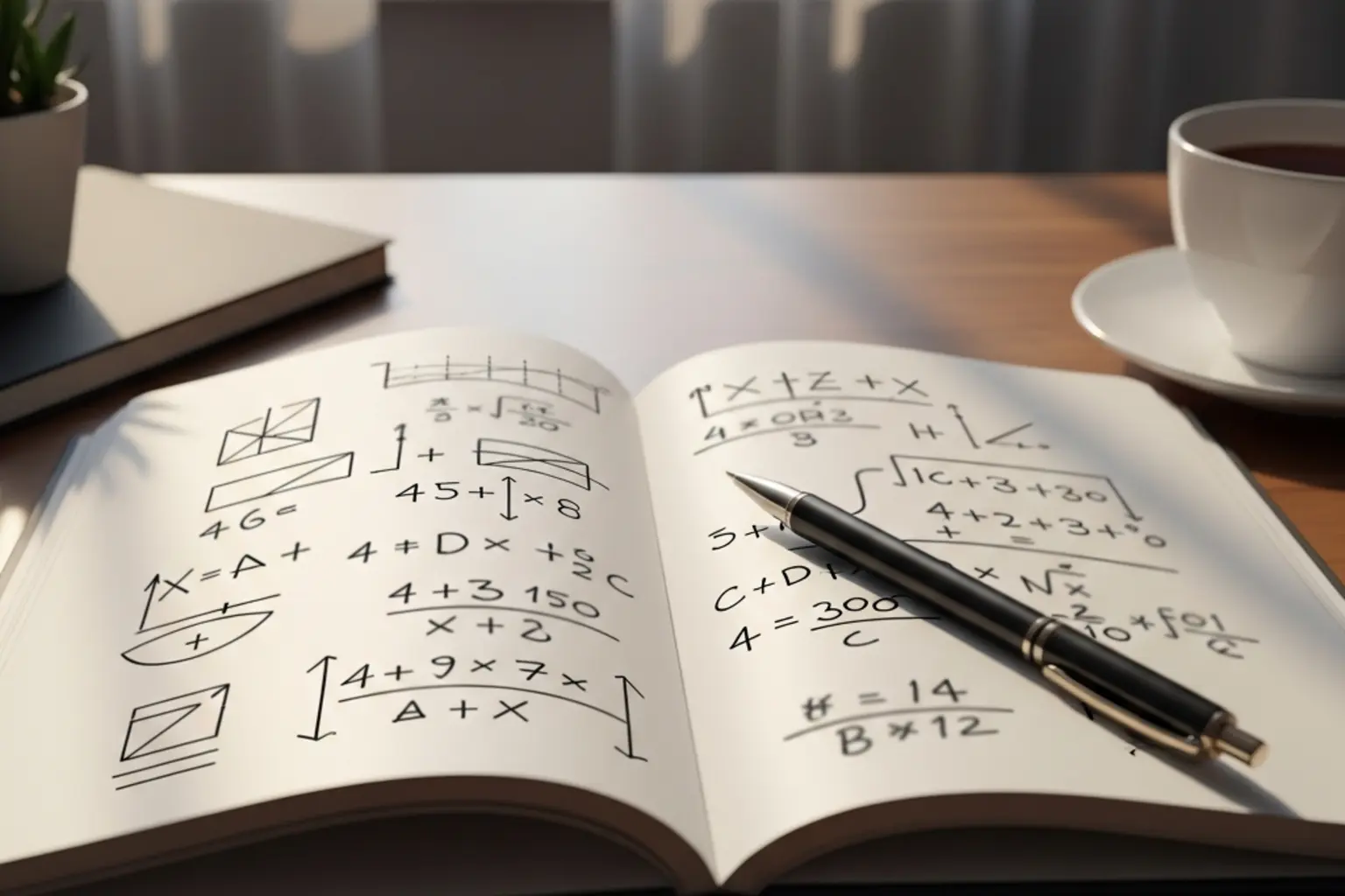 Notizbuch mit handschriftlichen Berechnungen und Stift