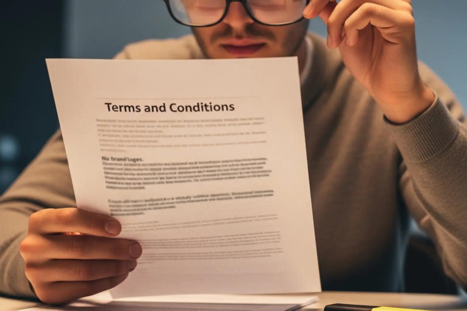 Person liest aufmerksam die Geschäftsbedingungen auf einem Dokument