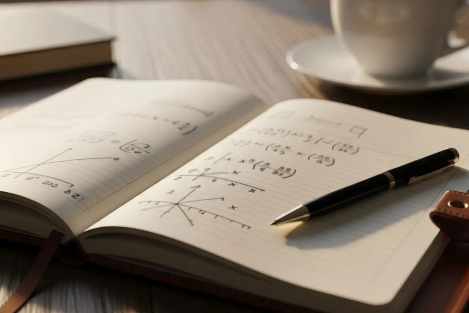 Notizbuch mit handschriftlichen Berechnungen und Stift auf einem Holztisch