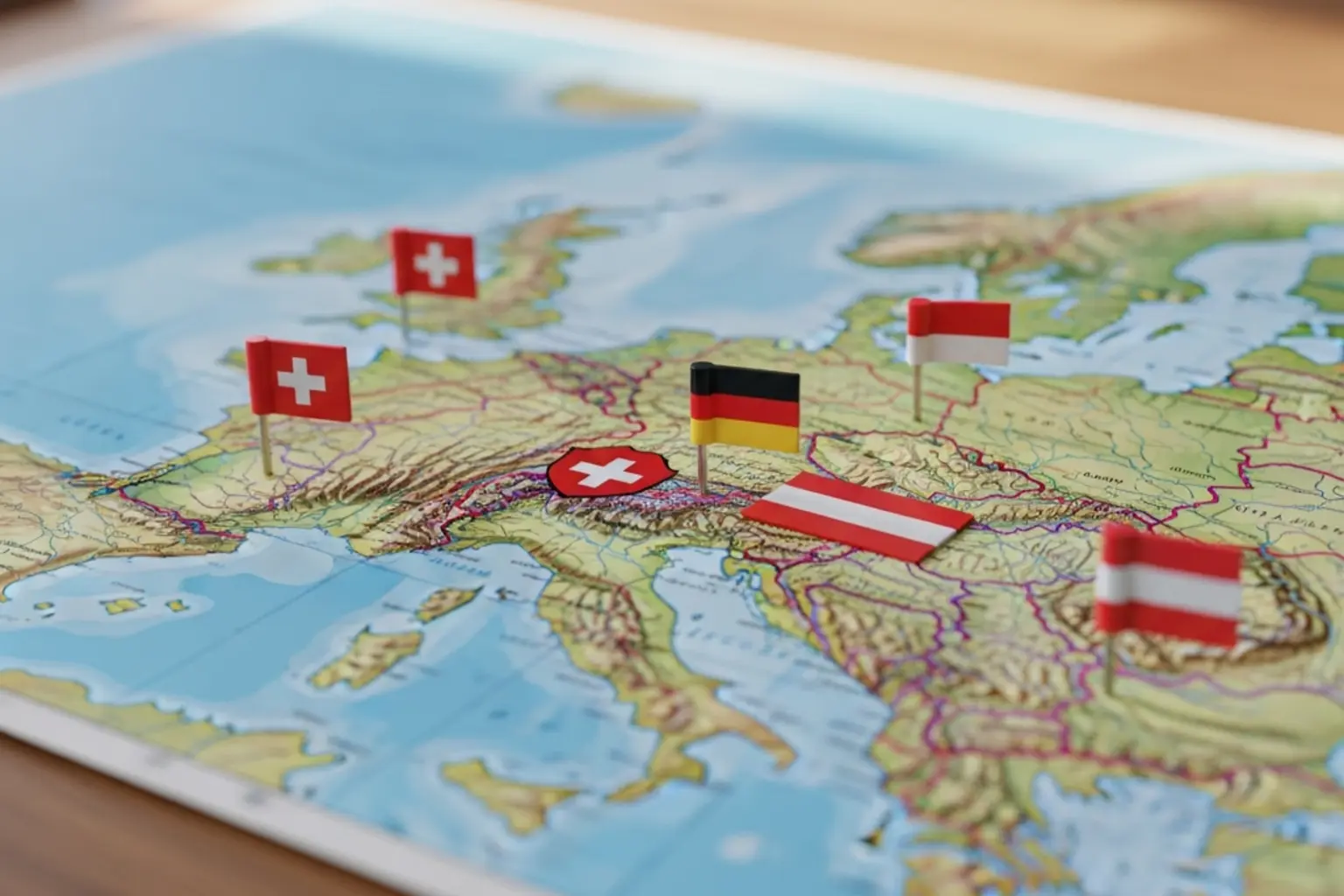 Europakarte mit hervorgehobenen Ländern Schweiz, Deutschland und Österreich