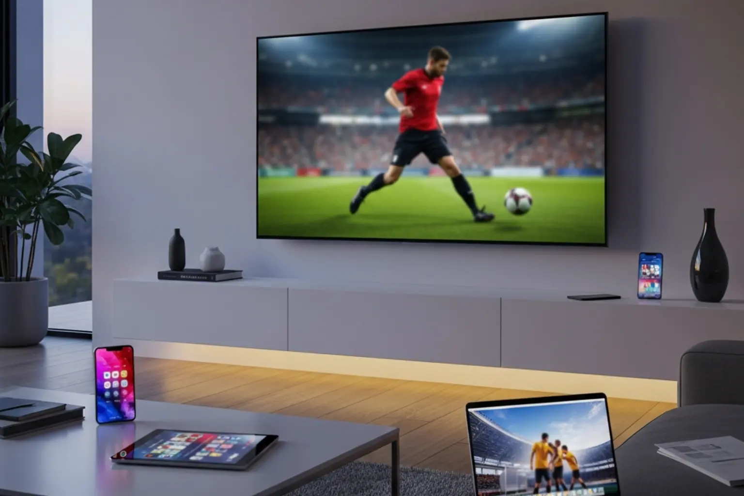 Modernes Wohnzimmer mit Smart-TV und digitalen Geräten