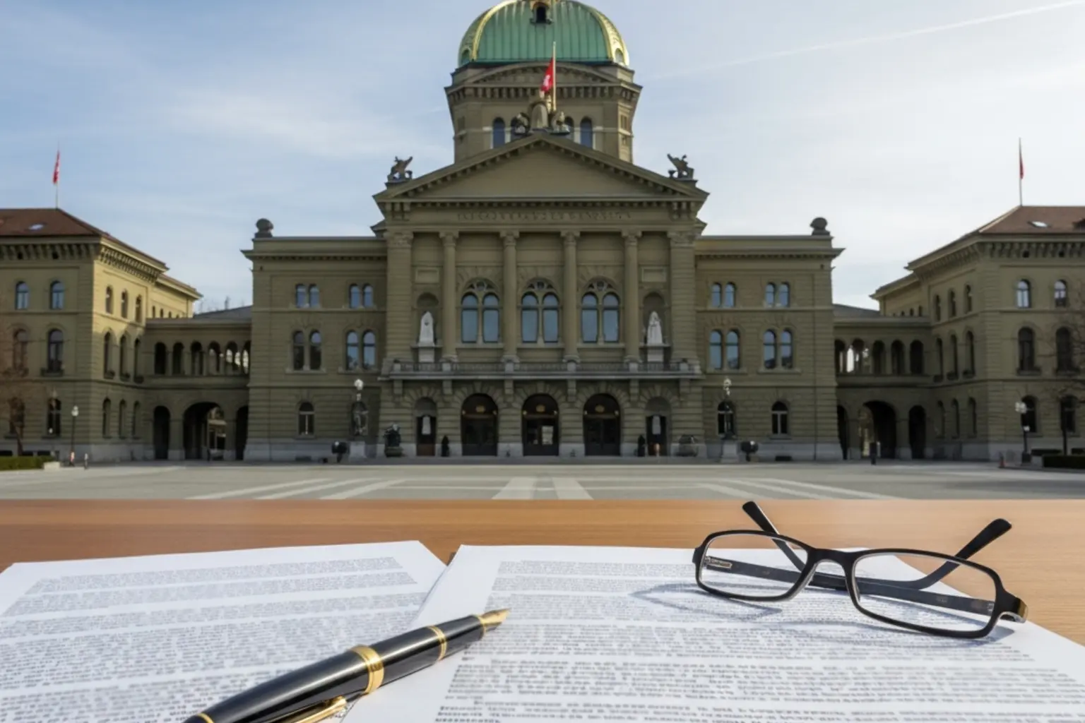 Schweizer Bundeshaus in Bern mit Dokumenten und Gesetzestexten im Vordergrund
