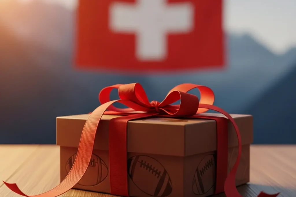 Geschenkbox mit Sportmotiven und Schweizer Flagge im Hintergrund