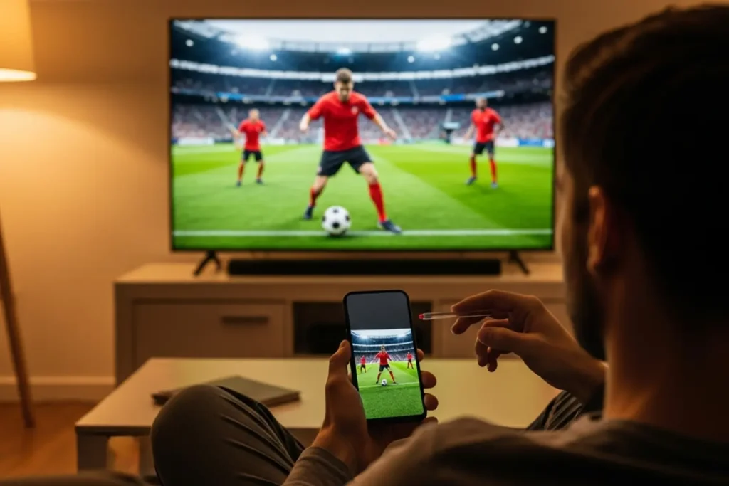 Sportfan mit Smartphone schaut ein Fussballspiel auf dem Fernseher