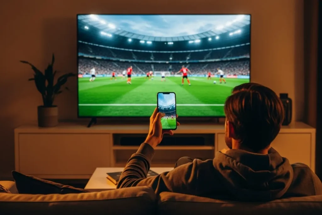 Sportfan verfolgt ein Fussballspiel auf dem Fernseher mit Smartphone in der Hand