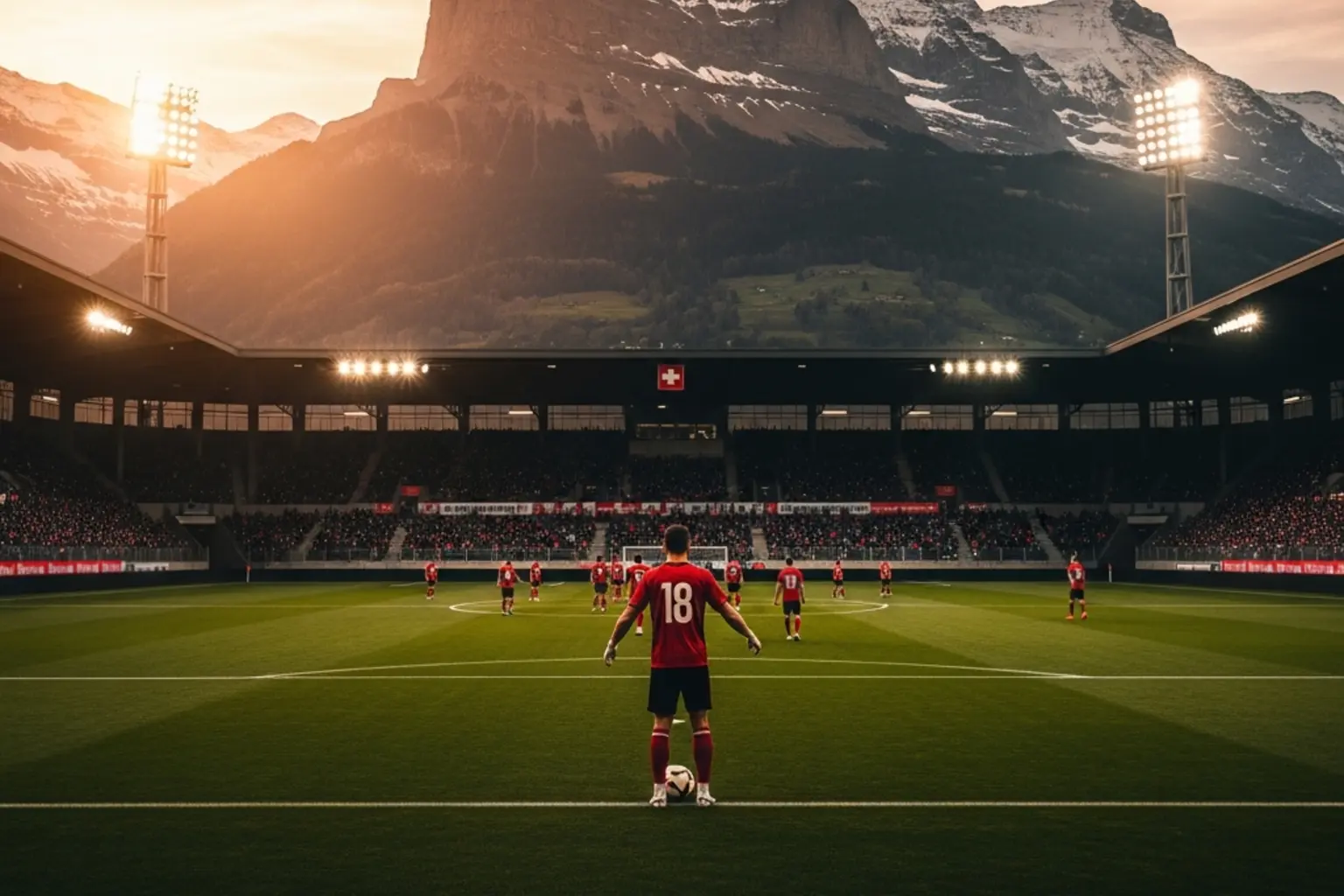 Blick auf ein Schweizer Fussballstadion mit Alpenkulisse bei Sonnenuntergang