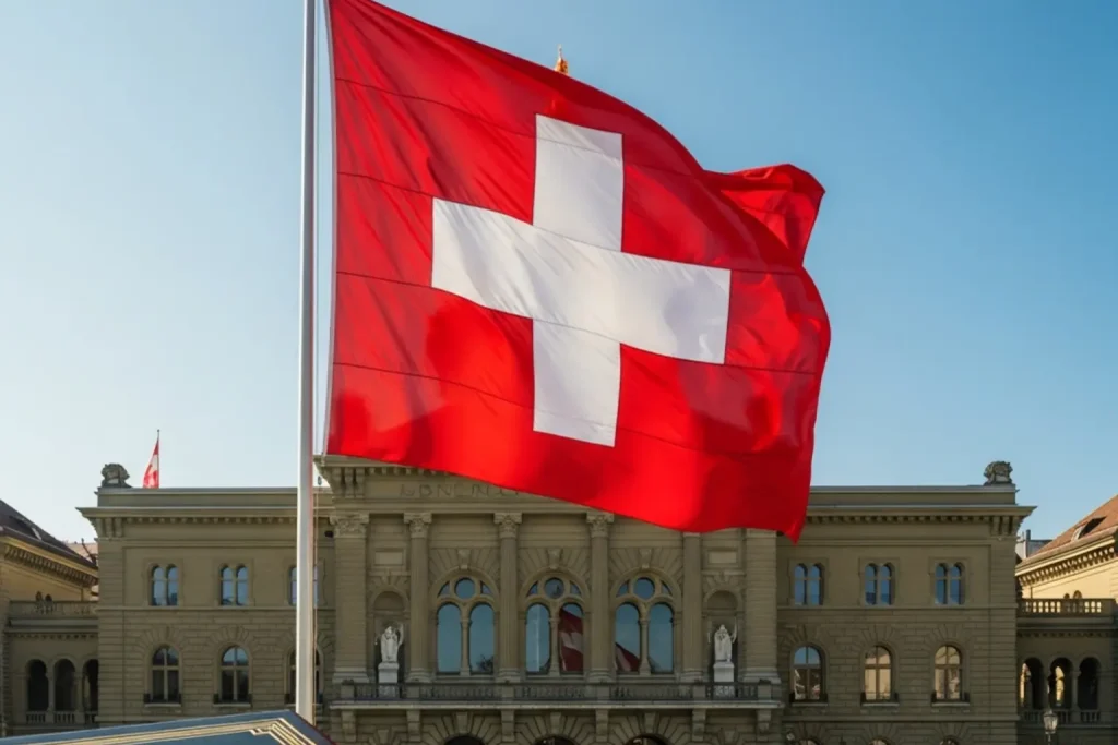 Schweizer Flagge vor dem Bundeshaus in Bern mit Gesetzbuch im Vordergrund