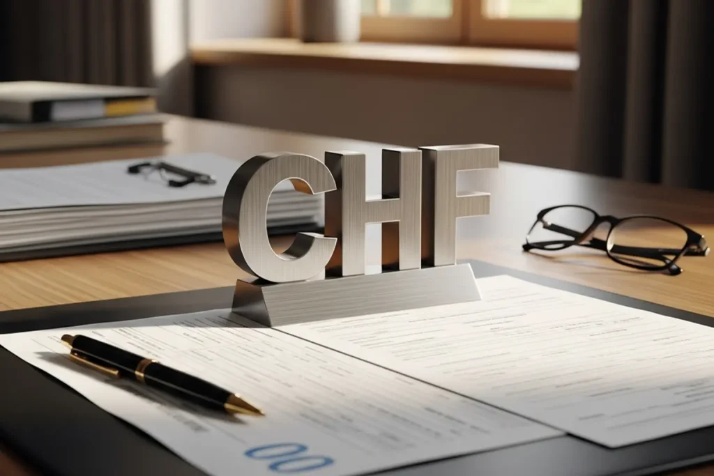 Schweizer Steuerdokumente auf einem Schreibtisch mit Schweizer Franken Symbol