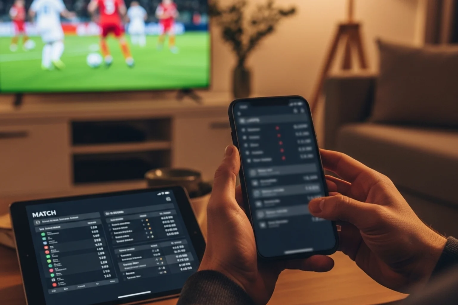 Person schaut auf dem Smartphone ein Fussballspiel und hält dabei ein Tablet mit Statistiken in der Hand