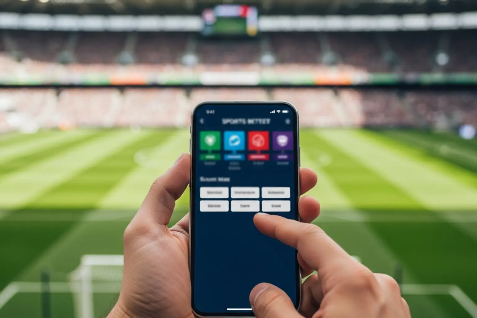 Hand hält Smartphone mit Sportwetten-App vor einem Stadionhintergrund