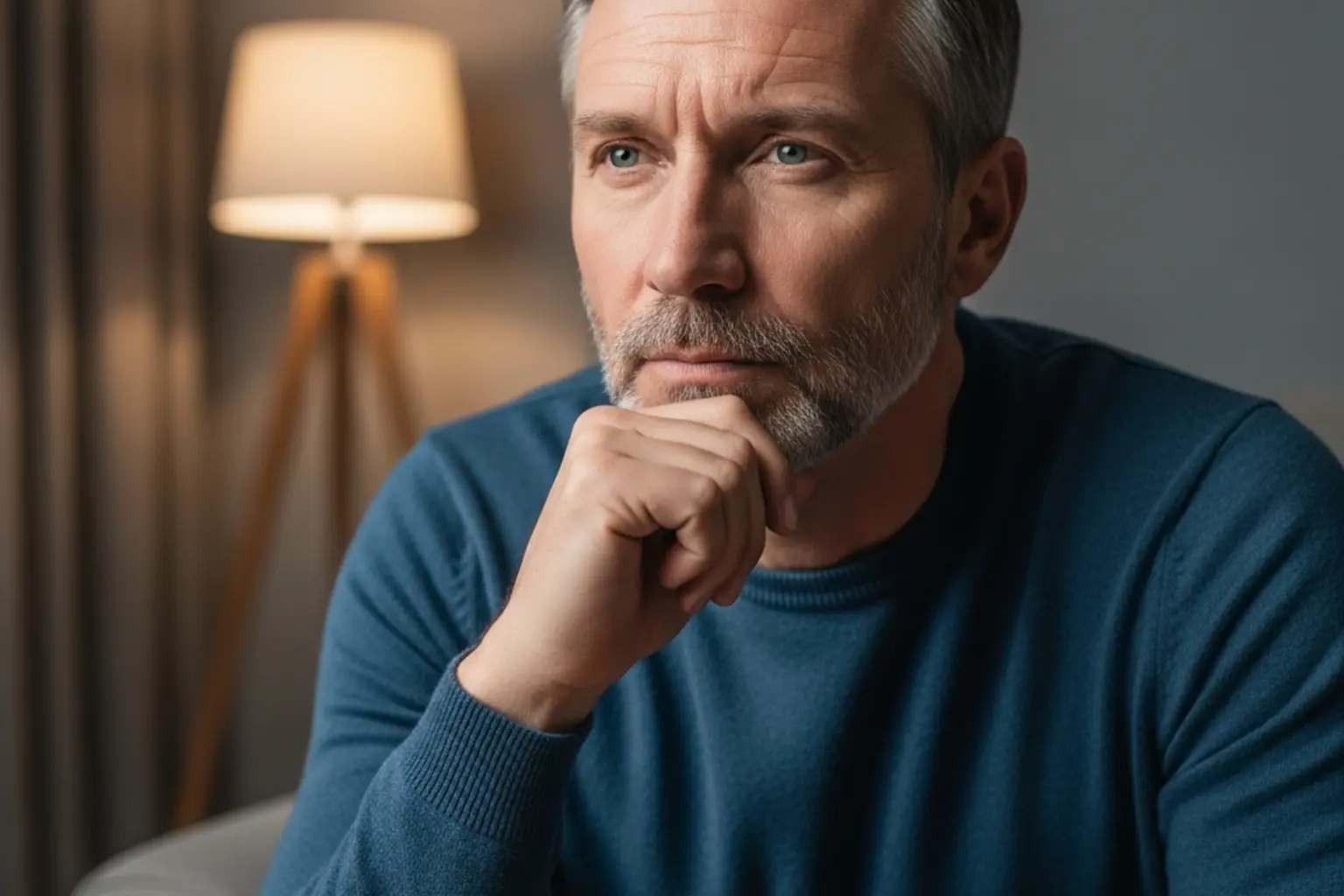 Nachdenklicher Mann beobachtet konzentriert ein Sportspiel