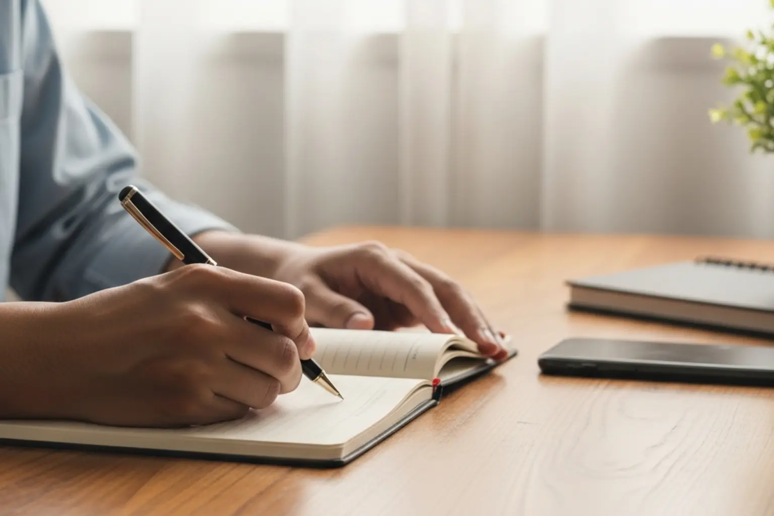 Person macht sich Notizen in einem Notizbuch mit Stift