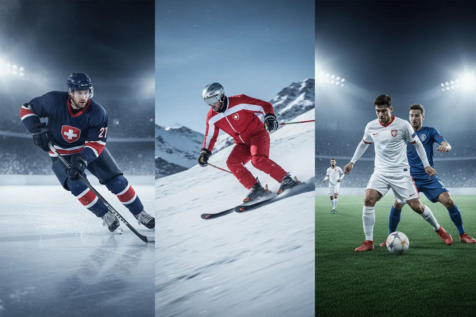 Collage mit Schweizer Sportszenen: Eishockeyspieler auf dem Eis, Skifahrer auf der Piste und Fussballspieler im Stadion