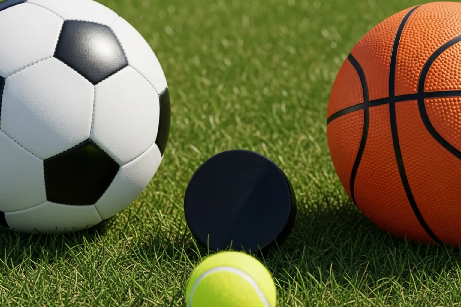 Verschiedene Sportbälle wie Fussball, Eishockey-Puck und Tennisball auf grünem Rasen