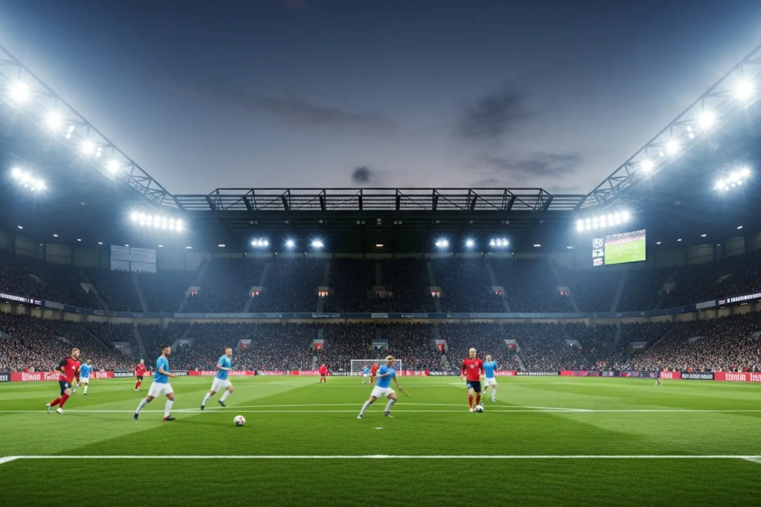 Fussballstadion mit laufendem Spiel bei Flutlicht am Abend