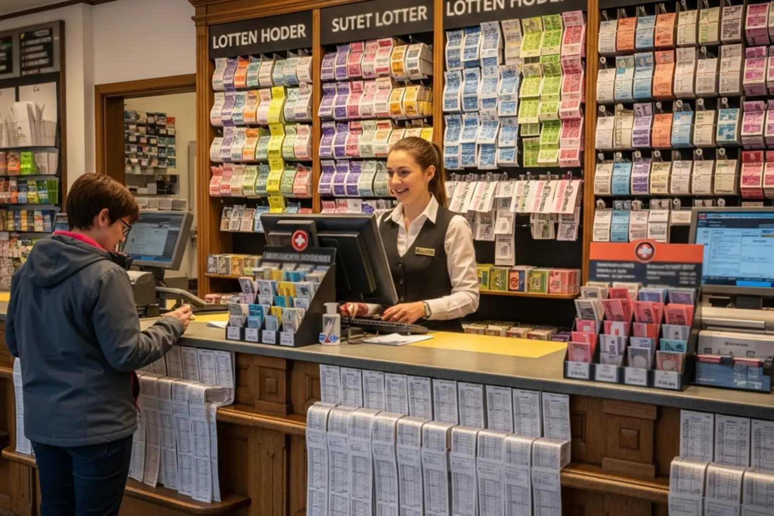 Schweizer Verkaufsstelle mit Lotteriescheinen und Sportwetten-Terminal