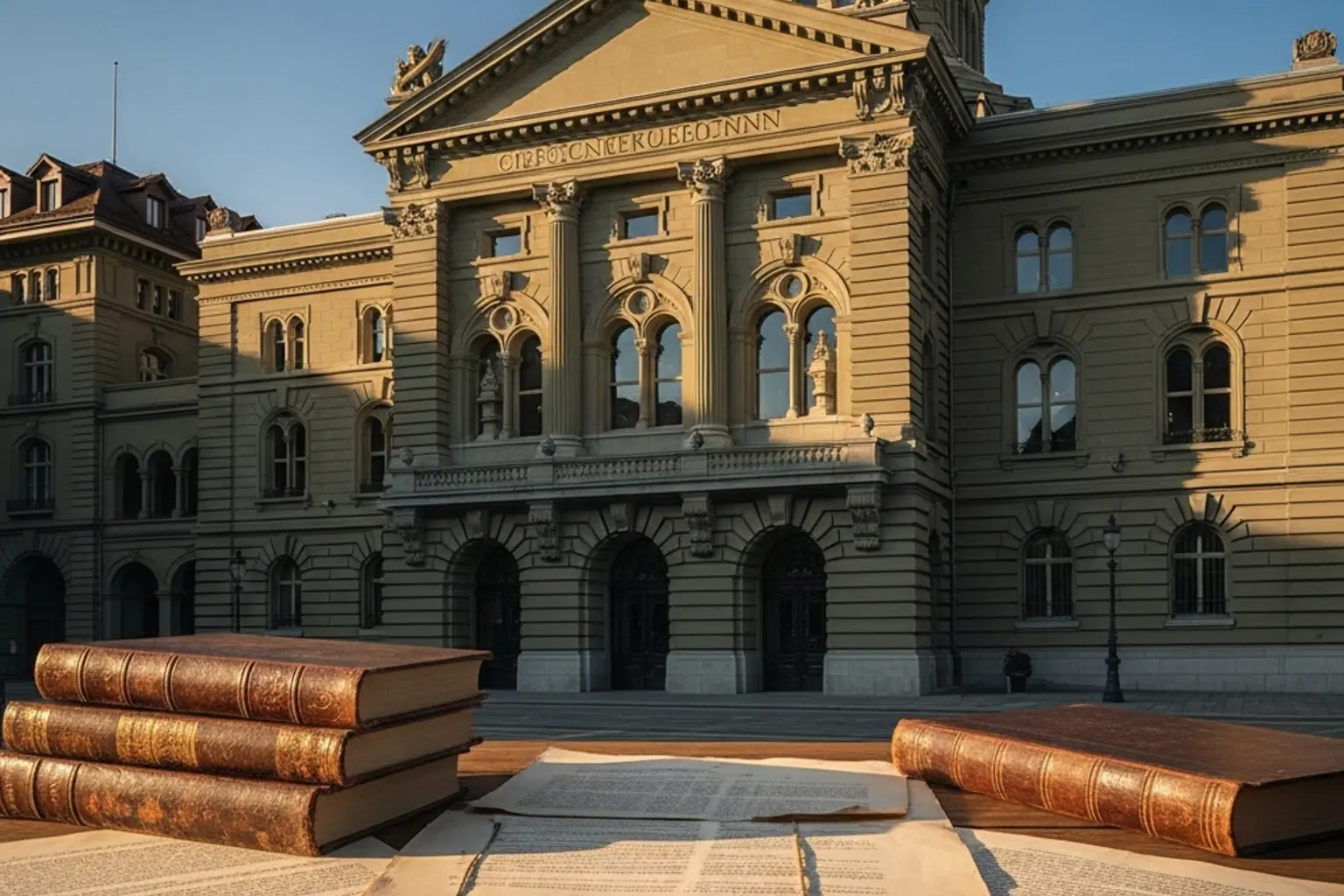 Historisches Gebäude in Bern mit alten Dokumenten und Gesetzestexten