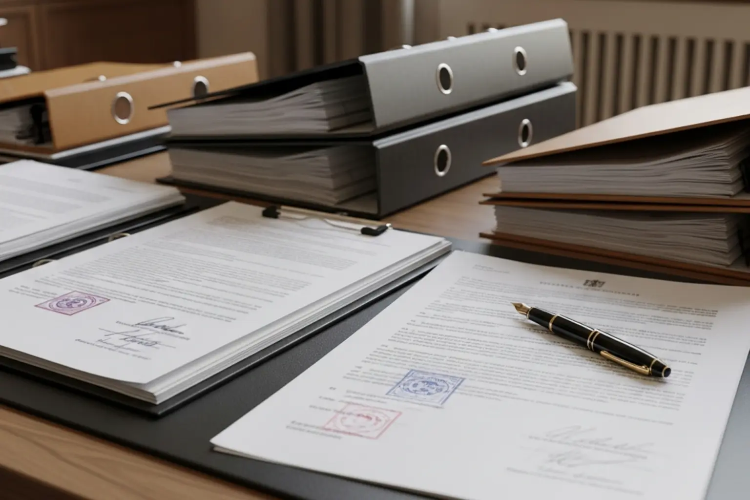 Juristische Dokumente und Aktenordner auf einem Schreibtisch mit Schweizer Gesetzestexten