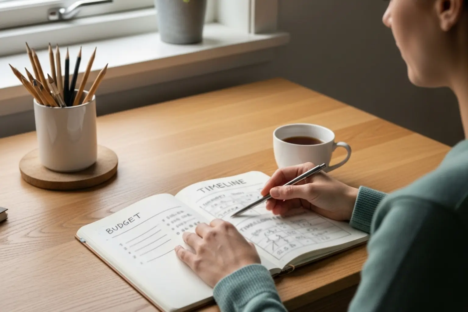 Ruhige Szene mit Person, die entspannt einen Notizblock mit Budget-Planung betrachtet